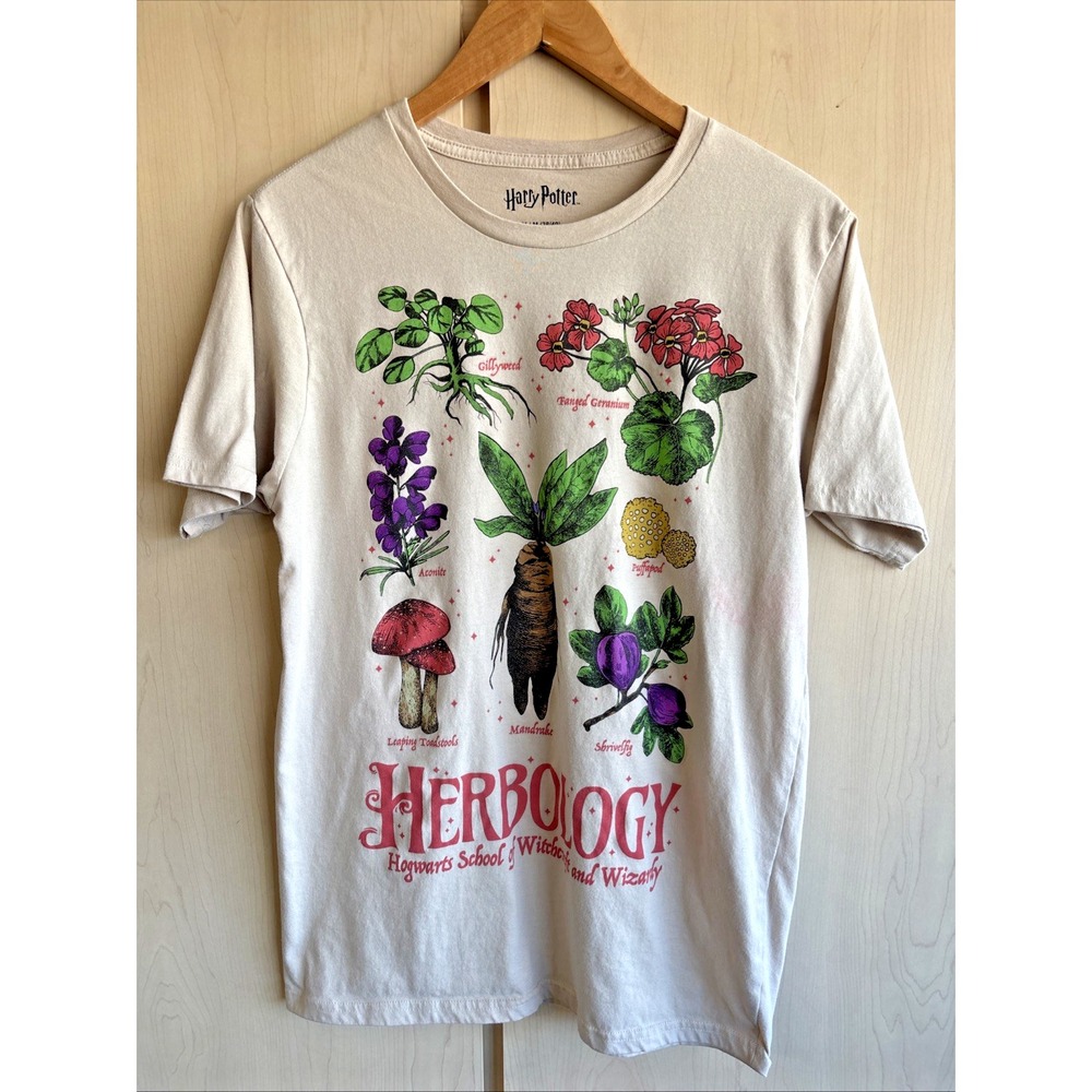 Harry Potter Herbology T-Shirt Mens Large Cream Hogwarts Botanical Graphic